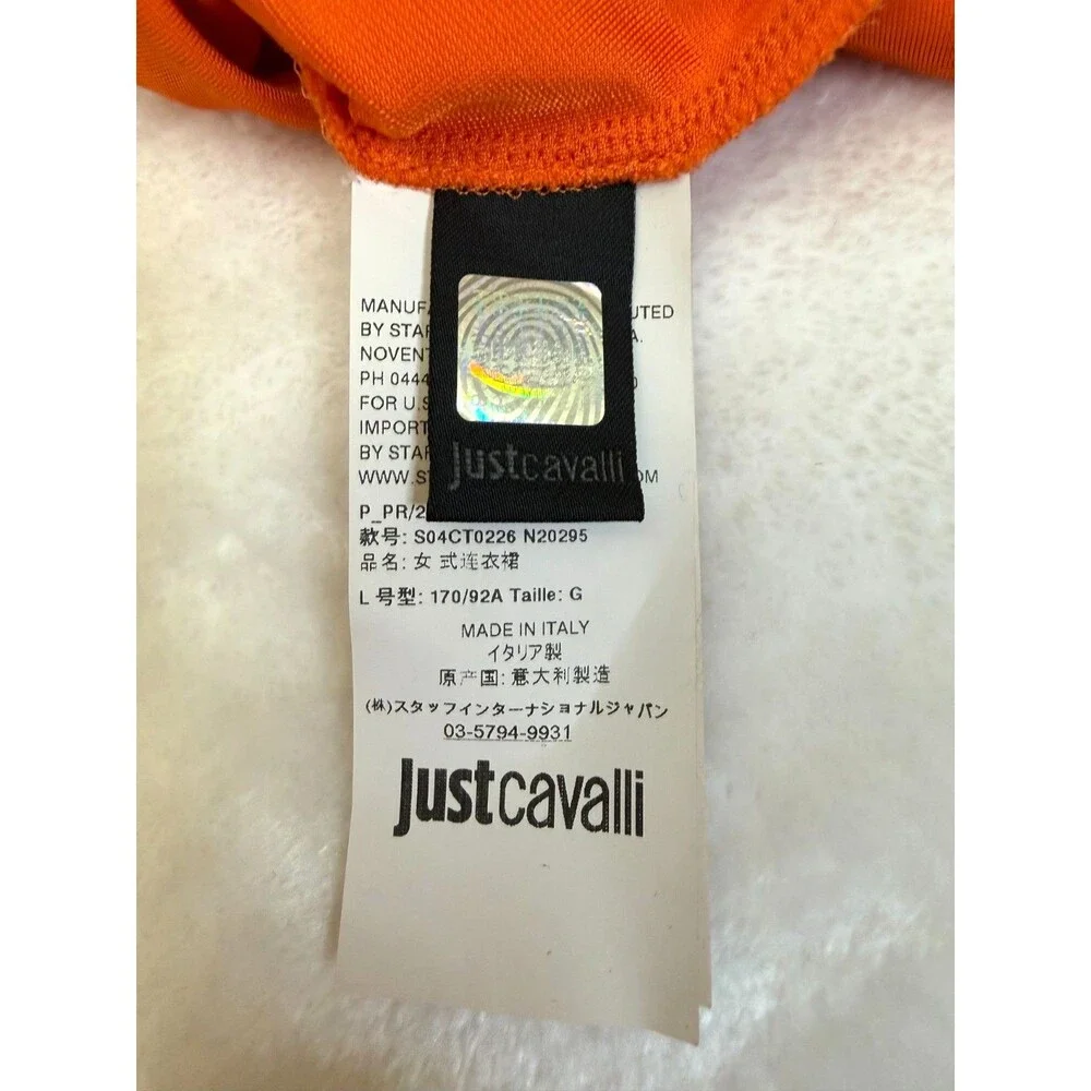 Just Cavalli Orange Bodycon Midi Dress L Sleeveless Plunge Neck Italy Stretch
